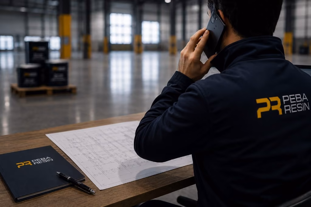 Referente PEBA RESIN al telefono con planimetria in un capannone industriale